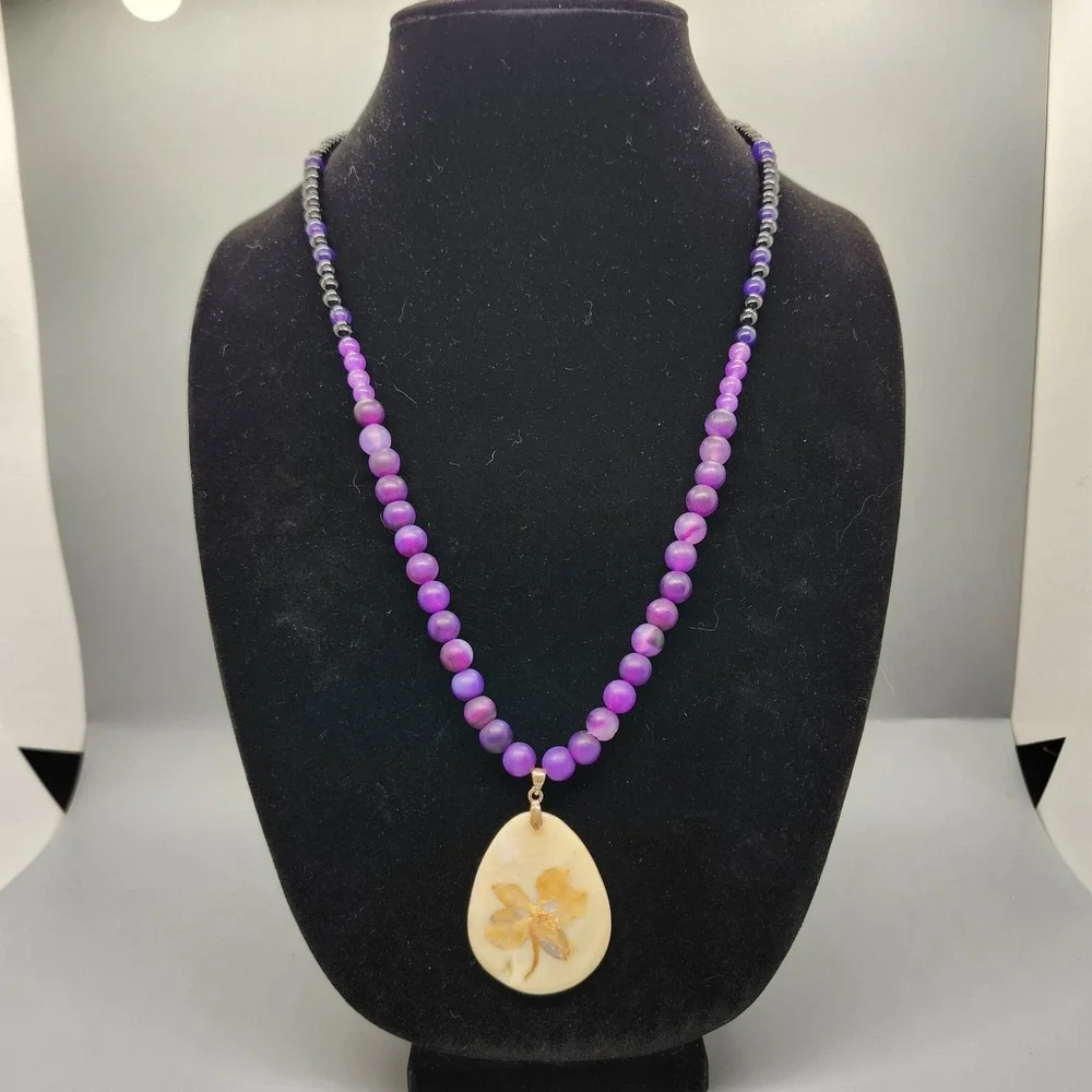 Artisan Made Purple Beaded Necklace Large Teardrop Flower Pendant Silver Tone